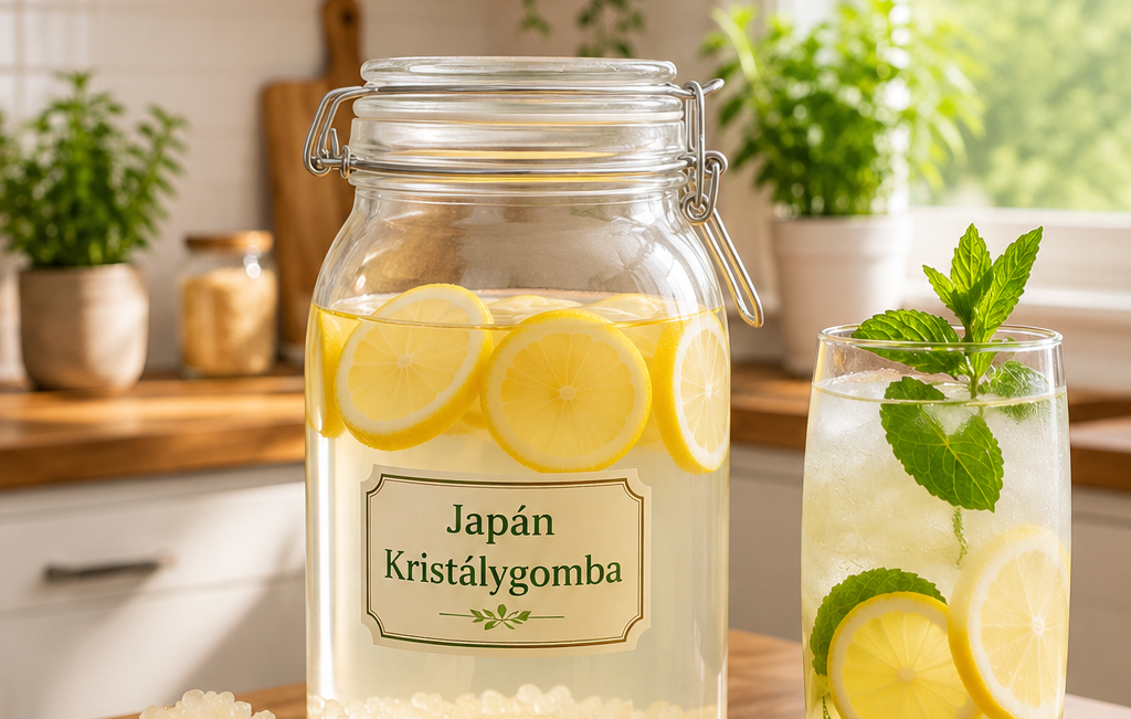 Japán Kristálygomba üvegben vízzel, citrommal és mentával, mellette kész ital pohárban