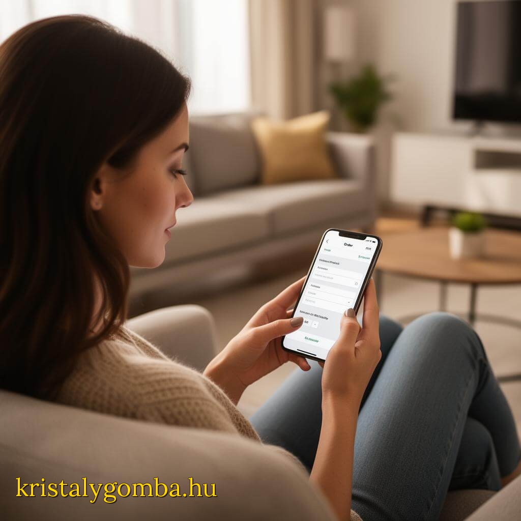 Kristálygomba rendelés online – fiatal nő telefonon rendel a nappalijában